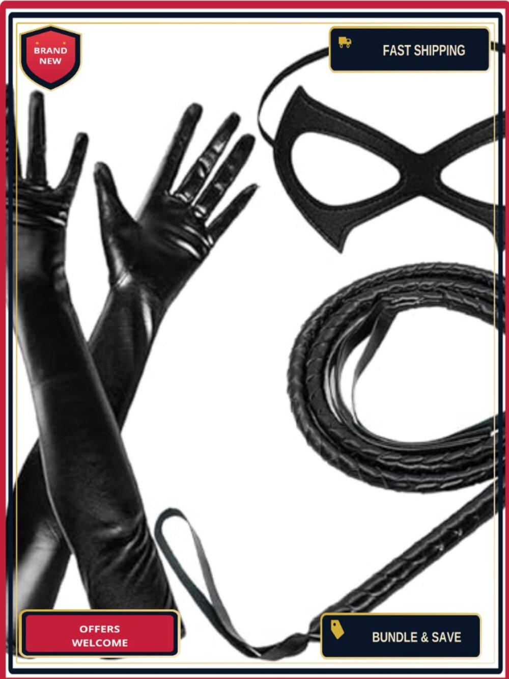 Cat Costume Accessory Set: Mask, Whip & Long Gloves